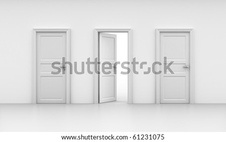3d rendering of three doors, one open and two closed