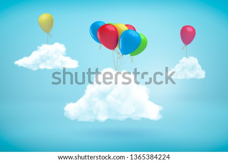 3d rendering of three fluffy white clouds in the blue sky with colourful helium balloons attached to them. Birthday party. Holidays and recreation. Have fun, forget your troubles.