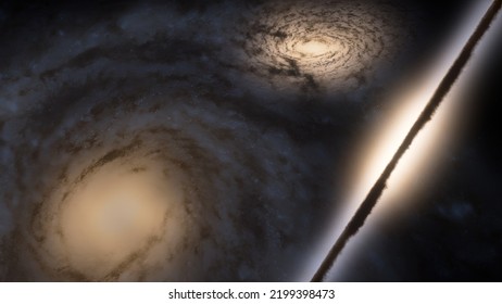 3D rendering of three galaxies orbiting each other in space. All of the galaxies are spiral galaxies, similar to our milky way.