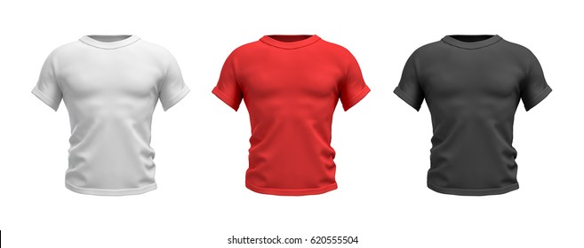 3d Rendering Of Three Male T-shirts In Realistic Muscular Torso Front View In White, Red And Black Colors. Clothes And Wardrobe. Casual And Sport Wear. T-shirts And Polos.