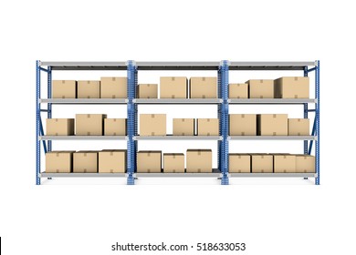 3d rendering of three metal racks put together with beige cardboard boxes of different size stored there, isolated on the white background. Warehousing and storage. Postal services. Packing and