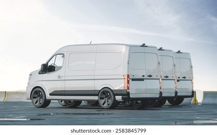 3d rendering - Three modern white cargo vans lined up neatly.