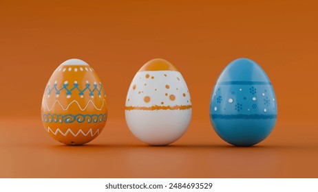 3d rendering of three orange, white and turquoise blue colors Easter eggs isolated on burnt orange background. Minimalistic Easter greeting card with thre easter eggs painted with cute ornaments.  - Powered by Shutterstock