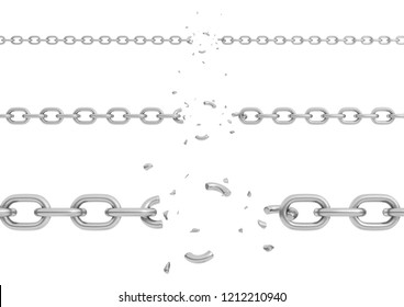 3d rendering of three parts of metal chains with different thickness broken in their centers. Broken chain. Loss of restriction. Escape and break free.