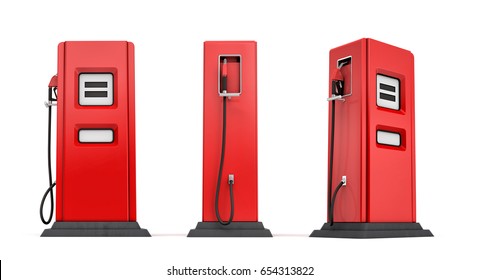 3d rendering of three red gas pumps in front, side and half side views isolated on white background. Fuel dispenser. Fill full tank. Road trip.