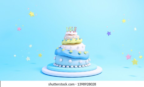 3d Rendering Three Tiered Birthday Cake. 