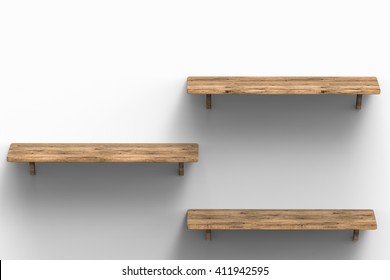 3d rendering three wooden shelves 