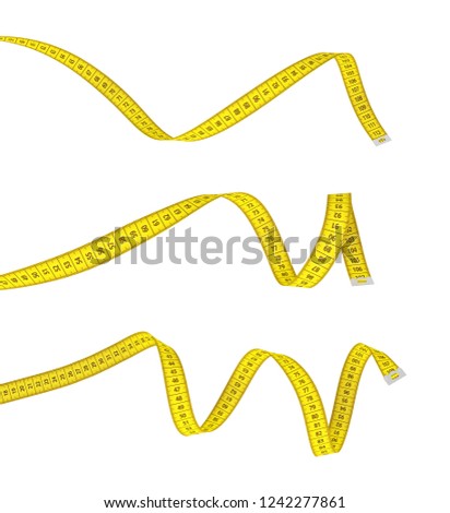 3d rendering of three yellow measuring tapes lying curled on a white background. Flexible table. Tailoring new clothes. Losing weight. Foto stock © 