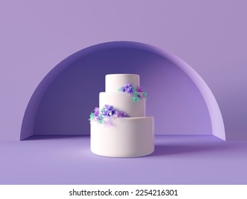 3D rendering three-tier wedding cake decorated with fresh pastel flowers. Сlose-up of the white isosceles pyramid, pedestal. A scene from circles on a purple background. 3d render illustration. - Powered by Shutterstock