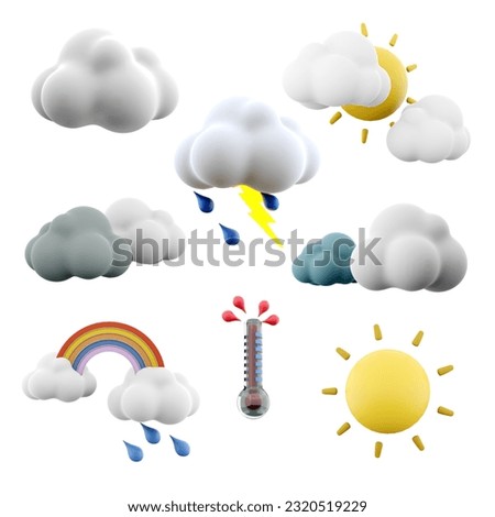 3d rendering Thunder and lightning with rain, two clouds and sun, black and white clouds, rainbow with rain, hot temperature on the thermometer, sun icon set. 3d render weather concept icon set.
