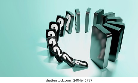 3D rendering of tiny dominoes with a question mark collapse to make a bigger one fall, small things cause big problems, financial status and investment in the domino effect concept