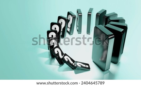 3D rendering of tiny dominoes with a question mark collapse to make a bigger one fall, small things cause big problems, financial status and investment in the domino effect concept