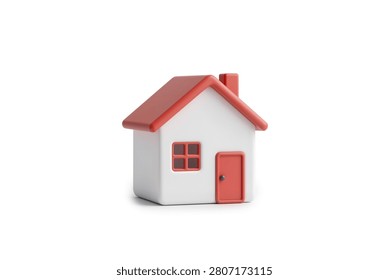 3d rendering of a tiny house icon with a flat red roof, plain white walls, a single window, and a single door, in a very minimal style.