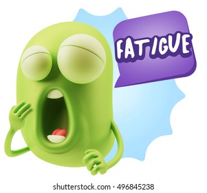 3d Rendering Tired Character Emoticon Expression saying Fatigue with Colorful Speech Bubble.