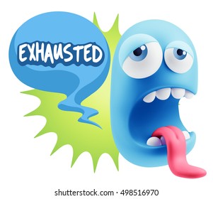 3d Rendering Tired Character Emoticon Expression saying Exhausted with Colorful Speech Bubble.