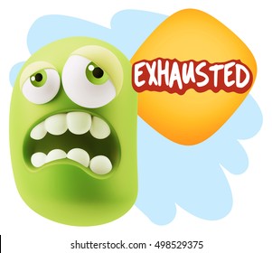 3d Rendering Tired Character Emoticon Expression saying Exhausted with Colorful Speech Bubble.