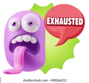 3d Rendering Tired Character Emoticon Expression saying Exhausted with Colorful Speech Bubble.