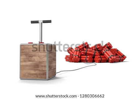 3d rendering of tnt dynamite sticks with detonator box isolated on white background. Digital art. Blasting machine. Plunger detonator.