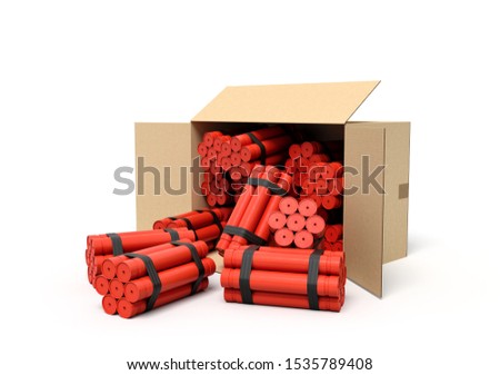 3d rendering of tnt dynamite sticks in carton box. Explosive supplies. Dangerous cargo. Plotting terrorist attack.