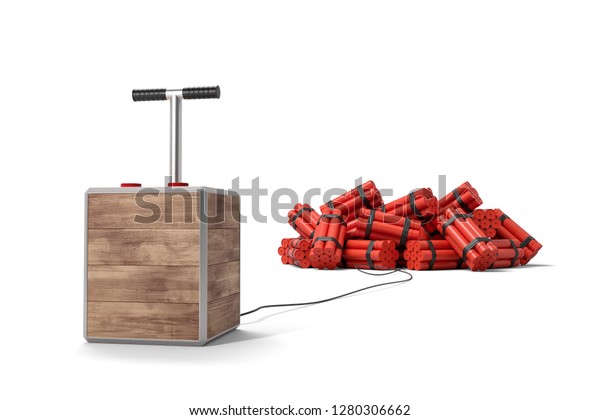 3d rendering of tnt dynamite sticks with detonator box isolated on white background. Digital art. Blasting machine. Plunger detonator.