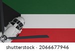 3D Rendering of a top down view of a White Helicopter in the Bottom Left Corner and on top of the National Flag of Kuwait