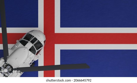 3D Rendering of a top down view of a White Helicopter in the Bottom Left Corner and on top of the National Flag of Iceland