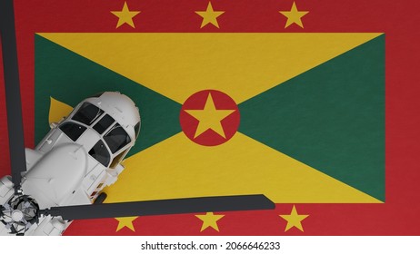 3D Rendering of a top down view of a White Helicopter in the Bottom Left Corner and on top of the National Flag of Grenada