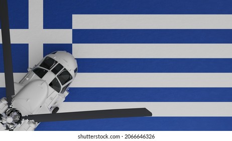 3D Rendering of a top down view of a White Helicopter in the Bottom Left Corner and on top of the National Flag of Greece