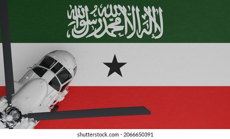 3D Rendering of a top down view of a White Helicopter in the Bottom Left Corner and on top of the National Flag of Somaliland