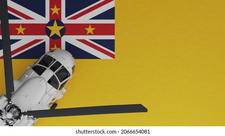 3D Rendering of a top down view of a White Helicopter in the Bottom Left Corner and on top of the National Flag of Niue