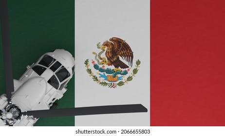 3D Rendering of a top down view of a White Helicopter in the Bottom Left Corner and on top of the National Flag of Mexico
