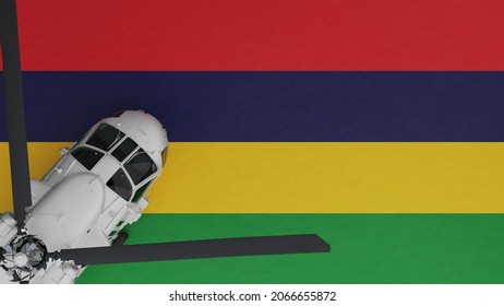 3D Rendering of a top down view of a White Helicopter in the Bottom Left Corner and on top of the National Flag of Mauritius
