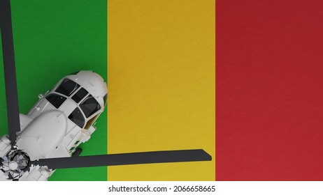 3D Rendering of a top down view of a White Helicopter in the Bottom Left Corner and on top of the National Flag of Mali
