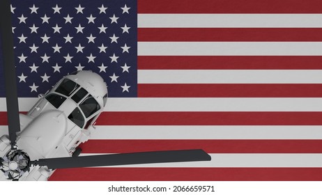 3D Rendering of a top down view of a White Helicopter in the Bottom Left Corner and on top of the National Flag of United States
