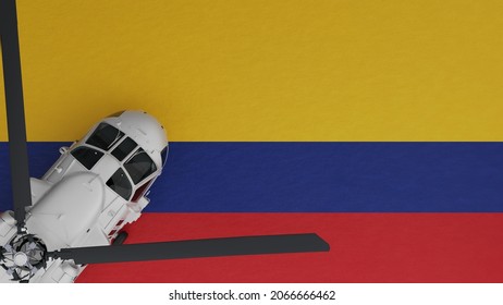 3D Rendering of a top down view of a White Helicopter in the Bottom Left Corner and on top of the National Flag of Colombia