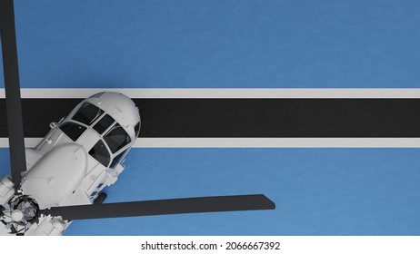 3D Rendering of a top down view of a White Helicopter in the Bottom Left Corner and on top of the National Flag of Botswana