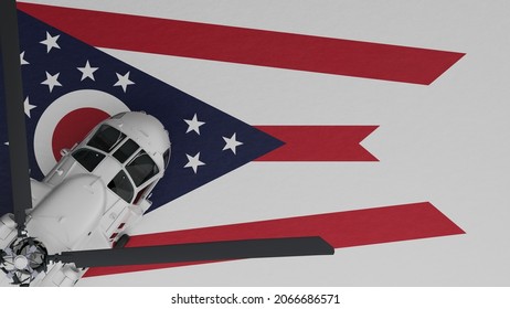 3D Rendering of a top down view of a White Helicopter in the Bottom Left Corner and on top of the US State Flag of Ohio