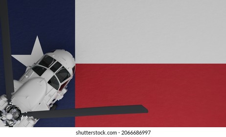3D Rendering of a top down view of a White Helicopter in the Bottom Left Corner and on top of the US State Flag of Texas