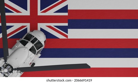 3D Rendering of a top down view of a White Helicopter in the Bottom Left Corner and on top of the US State Flag of Hawaii
