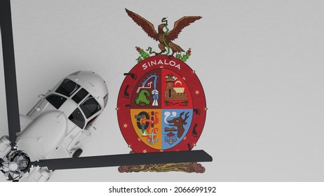 3D Rendering of a top down view of a White Helicopter in the Bottom Left Corner and on top of the Flag of Sinaloa