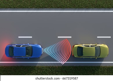 A 3D Rendering From A Top View Of A Car Collision Avoidance System.