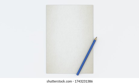 3d rendering, Top view close up of craft paper and blue pencil, blank empty space for copy, isolated white background.