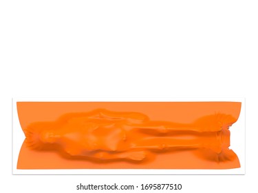 3d Rendering. Top View Of Dead Human Body Covered By Orange Plastic Bag On Rack On Gray Room. People Die From Covid-19 Corona Virus Critical Concept.