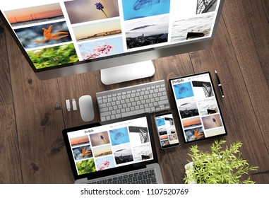 3d rendering top view of devices with portfolio on screen on wooden desktop