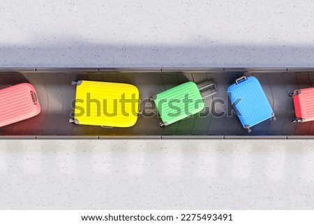 3D rendering top view of multicolored suitcases for traveling placed on conveyor belt at airport building