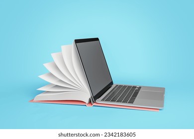 3d rendering of top view of opened laptop with blank screen while placed on notebook bound cover against vivid blue background