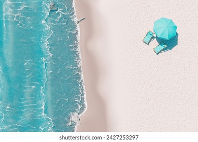 3d rendering of a top view of a relaxing beach scene with a turquoise umbrella with two matching chairs on the white sand adjacent to the gentle waves of the sea. Summer vacation concept.