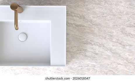 3D Rendering Top View Of A White Ceramic Wash Basin With Faucet On A Marble Vanity Unit In The Bathroom. Cleaning Products Background, Mock Up, Display, Backdrop, Granite, Stone Texture, Hygienic