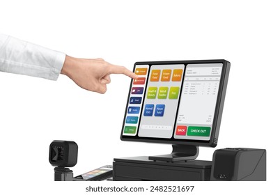 3d rendering touch screen point of sale system or cash register machine on desk with finger point isolated on white