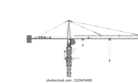 3D Rendering Of A Tower Crane Construction Engineering Building Lifting Machinery Isolated On White Background.